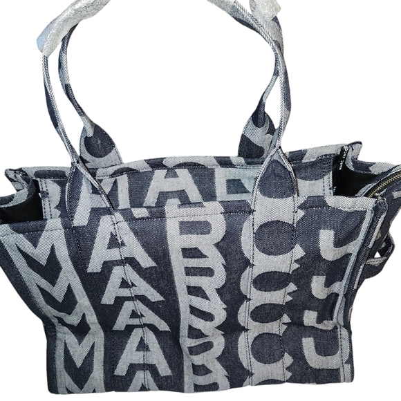 Marc Jacobs Womens The Monogram Denim Large Shoulder Tote Bag Purse Blue Gray - Picture 3 of 12